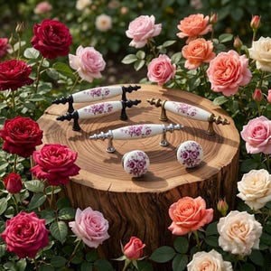 以下が含まれることがあります： 紫色の花柄が施された白い陶器製の家具用取っ手とつまみのセット。黒または金属製の端を持つ3つの細長いハンドルと2つの丸いつまみが、バラに囲まれた丸太の上に配置されています。