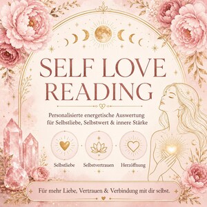 Puede incluir: Ilustración digital con las palabras "SELF LOVE READING" en una fuente decorativa. La imagen presenta elementos florales, cristales y una mujer con el pelo suelto. El texto de abajo dice "Evaluación energética personalizada para el amor propio, la autoestima y la fuerza interior."
