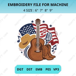 Puede incluir: Un diseño de archivo de bordado con una guitarra, sombrero de vaquero, botas, micrófono, notas musicales y la bandera estadounidense. El diseño está disponible en 4 tamaños: 15 cm, 18 cm, 20 cm y 23 cm. Formatos: DGT, DST, EMB, PES, VP3.
