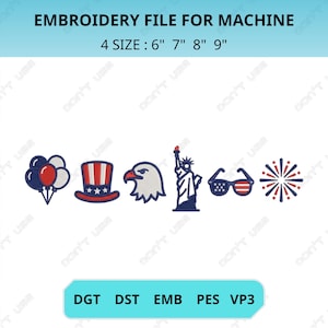 Può includere: File di ricamo per macchina con disegni patriottici. Include un mazzo di palloncini, cappello dello Zio Sam, testa d'aquila, Statua della Libertà, occhiali da sole e fuochi d'artificio. Misure: 15 cm, 18 cm, 20 cm e 23 cm.