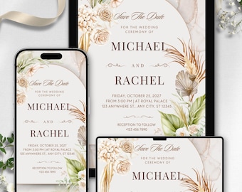 May include: Digital wedding invitation design displayed on a tablet, phone, and laptop. The design features floral accents, the names Michael and Rachel, and wedding details. The text reads "Save The Date" and includes the date, time, and location.
