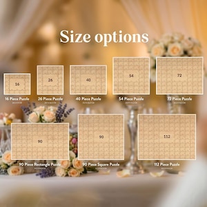 May include: An image showcasing various jigsaw puzzle sizes, from 16 to 112 pieces. Each puzzle is displayed with its piece count and dimensions in centimeters. The text "Size options" is at the top. The puzzles are arranged on a table with floral decorations.