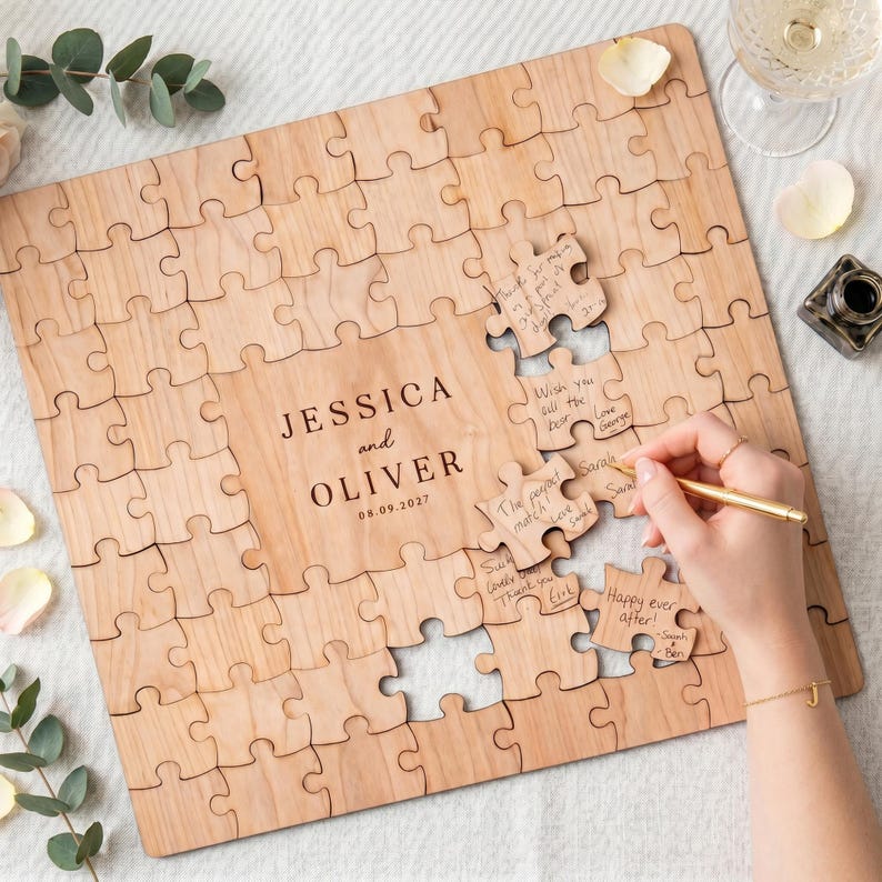 May include: A wooden puzzle guest book with the names "JESSICA and OLIVER" and the date "08.09.2027" engraved. Guests are writing messages on the puzzle pieces with a gold pen. The puzzle is partially assembled.