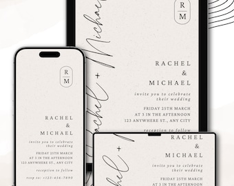 May include: A digital wedding invitation design displayed on a smartphone, tablet, and laptop. The invitation features the names "Rachel & Michael" in elegant script, along with event details and the text "Fully Editable in Canva."