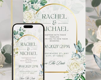 May include: Wedding invitation design featuring the names "Rachel & Michael" in elegant script. The design includes floral accents, gold arch details, and the text "Save The Date". A smartphone displays the same design.