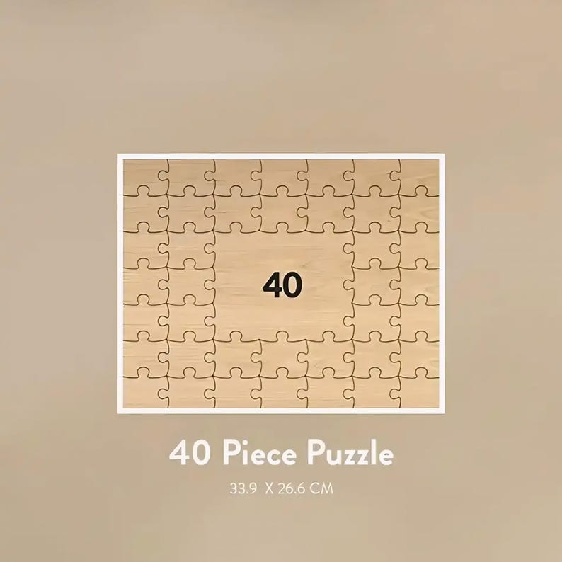 May include: A 40-piece puzzle with a wooden-like design. The puzzle is rectangular, with a white border and the number 40 in the center. The dimensions are 13.3 inches by 10.5 inches.