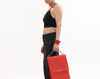 Red Leather Laptop Bag, Handmade Leather Work Bag, Multiple Compartments, Chain Strap, Floral Charm Lock, Made to Order