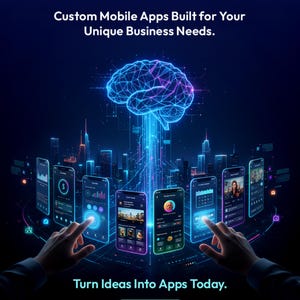 May include: A digital graphic featuring a glowing blue wireframe brain above a futuristic city skyline. Multiple smartphones display app interfaces. Text reads: Your Vision Our Code, Custom Mobile Apps Built for Your Unique Business Needs, Turn Ideas Into Apps Today, Contact Us.