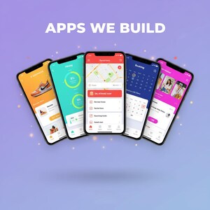 May include: Five smartphones arranged in a fan shape against a purple gradient background, displaying various mobile app interfaces with the text APPS WE BUILD at the top. The screens show e-commerce, delivery tracking, map navigation, booking calendars, and social media feeds.