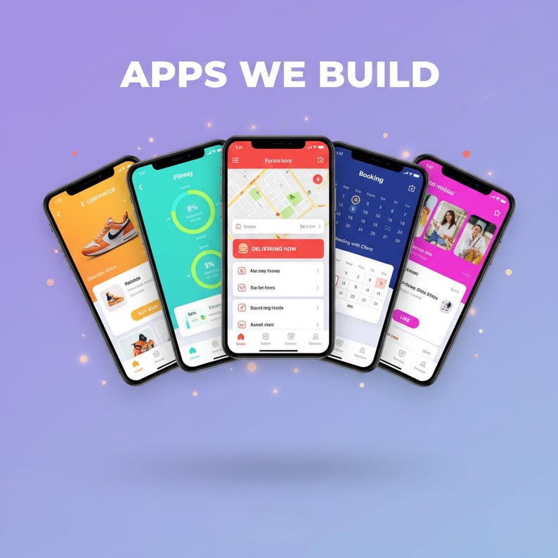 May include: Five smartphones arranged in a fan shape against a purple gradient background, displaying various mobile app interfaces with the text APPS WE BUILD at the top. The screens show e-commerce, delivery tracking, map navigation, booking calendars, and social media feeds.