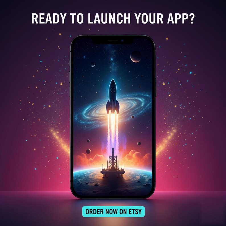 May include: A smartphone displaying a space-themed graphic with a rocket launching from a platform into a starry galaxy. The text READY TO LAUNCH YOUR APP? appears at the top, and a button with the text ORDER NOW ON ETSY is at the bottom.