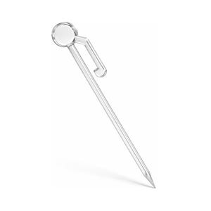 May include: A clear plastic cocktail pick with a circular head and a clip-like design. The pick has a long, slender body ending in a sharp point. The design is simple and modern, suitable for appetizers or garnishes.