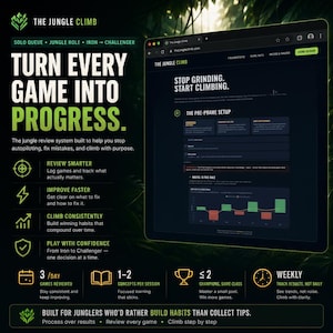 May include: A digital interface for The Jungle Climb, a review system featuring the text 'Turn Every Game Into Progress' and 'Stop Grinding. Start Climbing.' The layout includes icons for reviewing, improving, and climbing, with data charts and performance metrics displayed on a dark background.