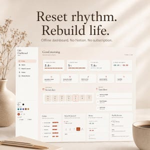 May include: A digital life dashboard interface displayed on a screen with the text Reset rhythm. Rebuild life. Offline dashboard. No Notion. No subscription. The layout includes sections for habits, mood, journal, money, and a weekly review with data fields.