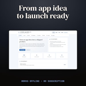 May include: A digital interface titled AI Mobile App Builder OS featuring a dashboard for app development. The screen displays text including From app idea to launch ready, Turn an app idea into a shipped product, and Core principles. It includes progress metrics and a list of saved projects.