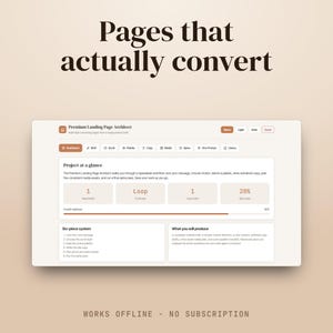 May include: A digital interface titled Premium Landing Page Architect featuring a dashboard with tabs for brief, scroll, palette, copy, media, spine, one-prompt, and library. The screen displays project metrics, a six-piece system list, and production details.