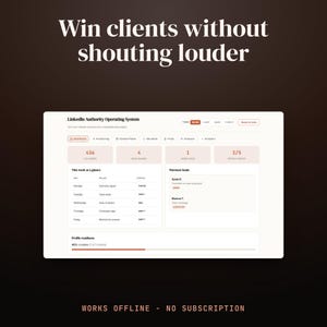 May include: A digital dashboard titled LinkedIn Authority Operating System displaying metrics like followers, leads, and profile readiness. The interface features a weekly content planner, a list of warm leads, and the text Win clients without shouting louder.