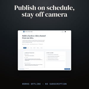 Peut inclure: Une interface numérique intitulée Faceless Video Studio avec le texte Publish on schedule, stay off camera et Build a faceless video channel from one idea. Le tableau de bord comprend des sections pour Reference Format Notes et Before you build.