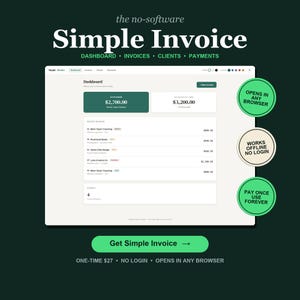 Pode incluir: Interface de fatura digital com o texto "Simple Invoice" em branco. O painel exibe dados financeiros, incluindo valores de €2.700,00 e €3.200,00. O texto adicional inclui "Abre em qualquer navegador", "Funciona offline sem login".