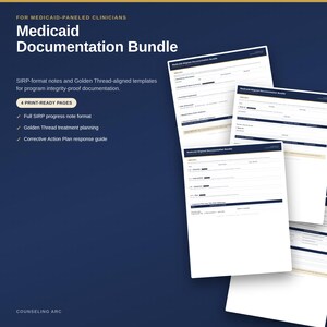 May include: A Medicaid Documentation Bundle featuring four print-ready pages of SIRP-format notes and Golden Thread-aligned templates. The document set includes a full SIRP progress note format, treatment planning, and a corrective action plan guide.