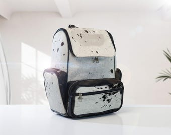 Western Cowhide Backpack, Hair On Hide Leather Diaper Bag Purse, Black & White Spotted Laptop Backpack, Boho Travel Rucksack, Handmade Gift
