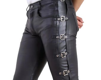 Pantaloni da uomo in vera pelle bovina fatti a mano / Pantaloni in pelle nera slim fit con fibbia laterale / Pantaloni gotici da motociclista/punk per festival