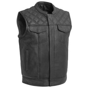 May include: A black leather vest featuring a diamond-quilted pattern across the upper chest and shoulders. The garment includes two chest pockets with flaps, two vertical side pockets, a mandarin collar, and a front placket covering the zipper.