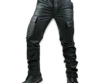 Pantalones cargo de cuero negro para hombre / Pantalones de motociclista de piel de vaca auténtica / Pantalón utilitario gótico urbano con bolsillos laterales / Pantalón rockero para festivales