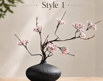 Zen Style Faux Flower Arrangement, Black Ceramic Vase, Minimalist Home Decor