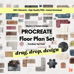 Procreate Meubelset met meer dan 300 elementen, Interieurontwerpkit, Plattegrondelementen, Meubels in Bovenaanzicht PNG, Direct te downloaden
