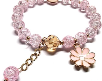 Glazed Flowers Crystal Bead Bracelets 8mm Gemstone Beaded Stretch Bracelet with Flower Bracelet for Women