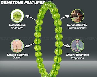 Pulsera de cristal curativo con cuentas de peridoto auténticas de RebuyUK, joyería de piedras preciosas para hombres y mujeres, color verde, tamaño de cuenta