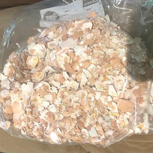 May include: A clear plastic bag filled with a large quantity of crushed brown and white eggshells. The fragments vary in size and shape, displaying natural shades of tan, beige, and off-white. A partially visible white label is attached to the top.