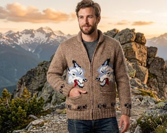 Cárdigan de punto a mano con cremallera y diseño de lobo, cárdigan de mezcla de lana con cuello chal del proyecto Hail.