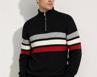 Maglione nero a coste con mezza zip – Strisce retrò sul petto, pullover a collo alto lavorato a maglia
