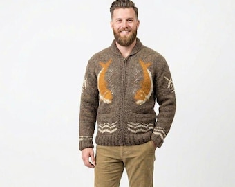 Suéter estilo Cowichan vintage con diseño de pez – Cárdigan de lana gruesa tejido a mano