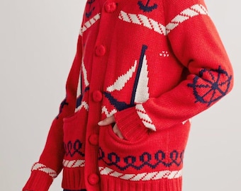 Cardigan rouge marin fait main - Pull boutonné en laine épaisse - Pull voilier de style Cowichan - Cadeau côtier douillet pour elle