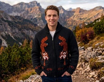 Cardigan Wolf: maglione da uomo in stile canadese ispirato a Mary Maxim, lavorato a mano in lana e con cerniera.