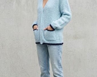Cárdigan azul de mohair, cárdigan Kurt Cobain, cárdigan azul unisex