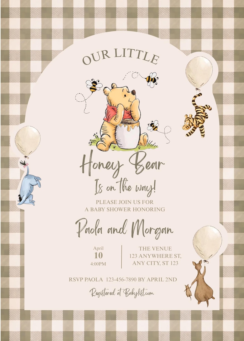 May include: Baby shower invitation featuring Winnie the Pooh, bees, and other characters. The invitation includes the text "Honey Bear Is on the way!" and details for Paola and Morgan's baby shower.