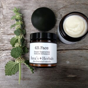 May include: A skincare product set featuring a jar of cream with an open lid, a closed jar, and a sprig of green plant. The jar label reads "4R Face Repair Regenerate Restore Rebalance Anya's Herbals pure botanical remedies."