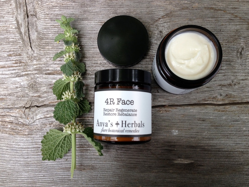May include: A skincare product set featuring a jar of cream with an open lid, a closed jar, and a sprig of green plant. The jar label reads "4R Face Repair Regenerate Restore Rebalance Anya's Herbals pure botanical remedies."