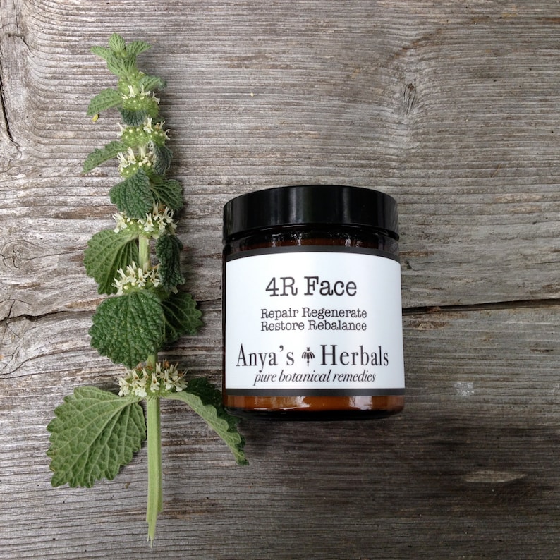 May include: A jar of Anya's Herbals 4R Face cream with a black lid and white label. The label includes the text "Repair Regenerate Restore Rebalance". A sprig of green and white flowering plant is next to the jar.