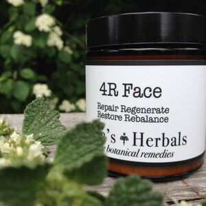 May include: A jar of 4R Face botanical remedy with a black lid and a white label. The label includes the text "Repair Regenerate Restore Rebalance" and "Lee's Herbals botanical remedies". The jar is set against a backdrop of green foliage.