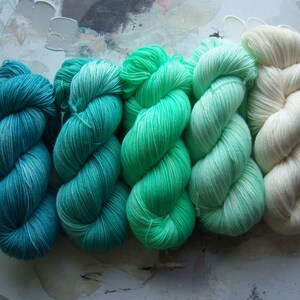 May include: Five skeins of yarn in a gradient of teal, green, and white. The yarn is arranged in a row, with the darkest shade on the left and the lightest shade on the right.