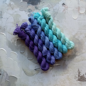 Winter Chill gradient set, Hand Dyed Yarn / Handdyed yarn, Sock Yarn, Wool yarn Purples, Blues Fingering Weight 10g, 20g, and 50g sets image 2
