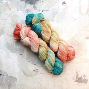 Desert Dreams - Hand dyed Yarn / Handdyed yarn, Sock Yarn, Wool Yarn - Teal Blue, Tan, and Peach - Classic Sock - Fingering Yarn- 100g