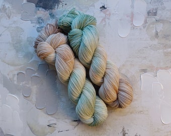 Spa Day - Hand dyed Yarn / Handdyed yarn, Sock Yarn, Wool Yarn - Light Mint/Jade to a soft tan - SW Merino / Nylon - Sock Weight - 100g