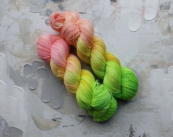 Lemonade Stand - Hand dyed Yarn / Handdyed yarn, Sock Yarn, Wool Yarn - Pink, Yellow, Lime Green - 75/25 SW Merino / Nylon - Fingering Yarn