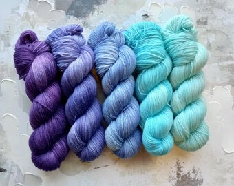 Winter Chill Gradient Set, Hand Dyed Yarn / Handdyed yarn, Sock Yarn, Wool yarn, - Classic or Soft Sock - 5 skeins, 100g each